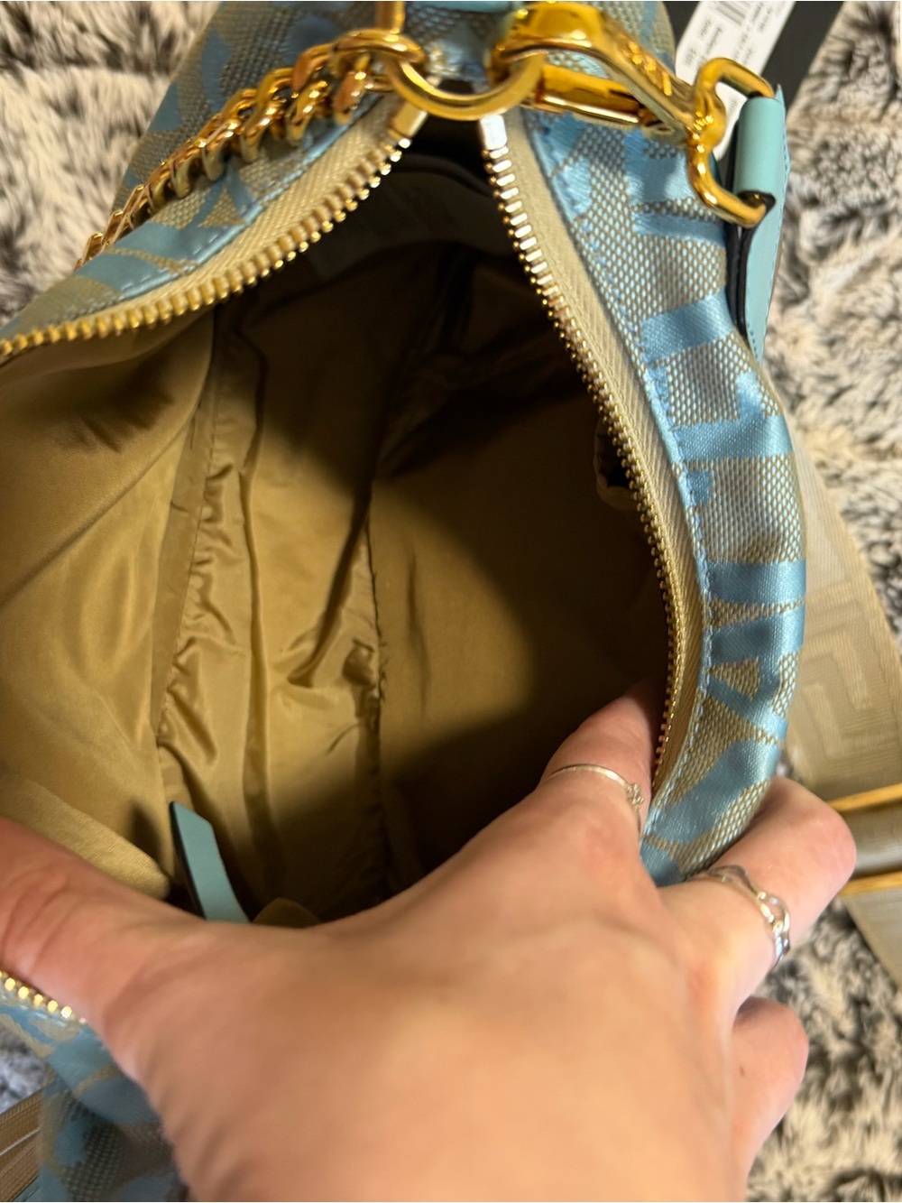 Versace Light Blue Logo Jacquard Shoulder Bag with Gold Chain Detail - Picture 9 of 9